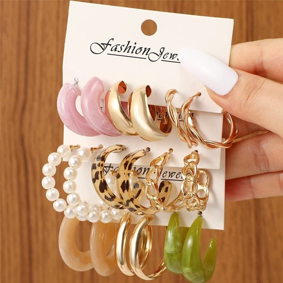 New 45 Pairs Gold Hoop Earrings for Girls Women Multipack, Chunky Pearl Twisted - Picture 7 of 9